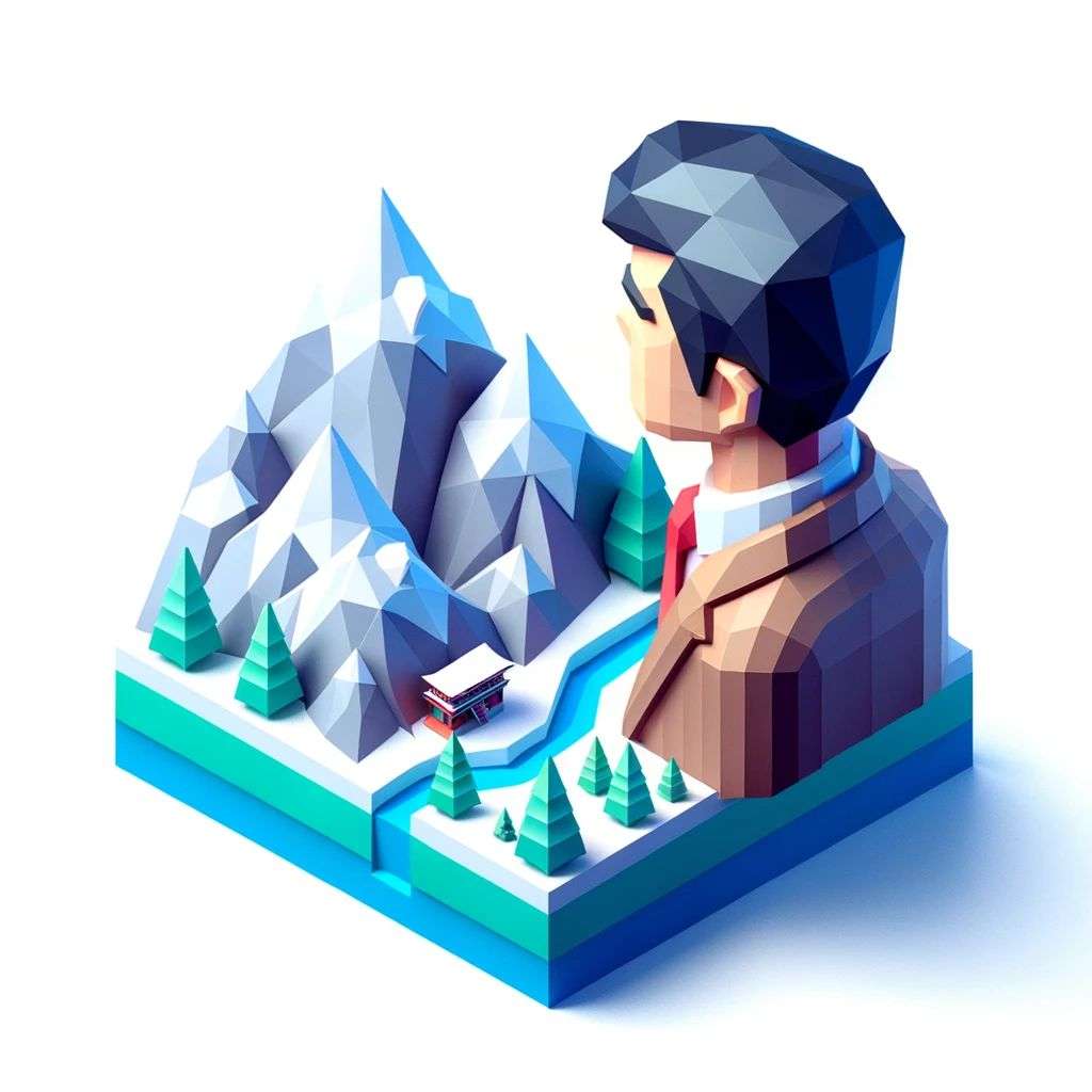 a brightly coloured, detailed icon of someone gazing at Mount Everest emoji, 3D low poly render, isometric perspective on white background